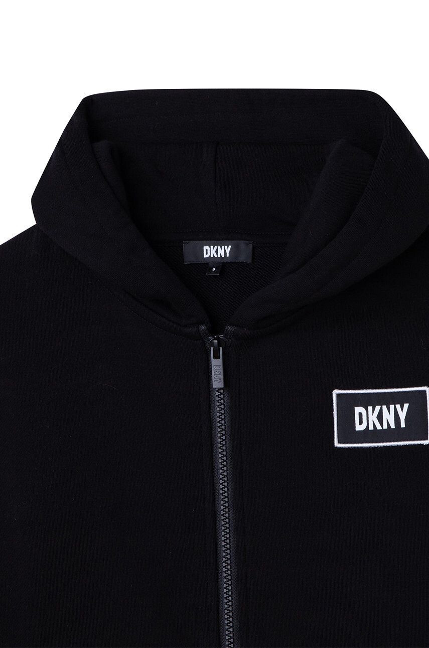 DKNY bluza copii culoarea negru cu glugă cu imprimeu - Pled.ro