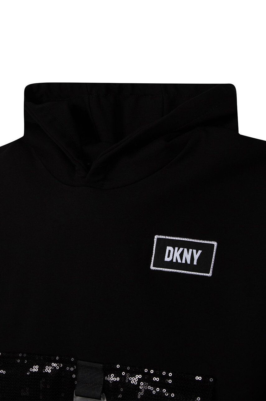 DKNY bluza copii culoarea negru cu glugă cu imprimeu - Pled.ro