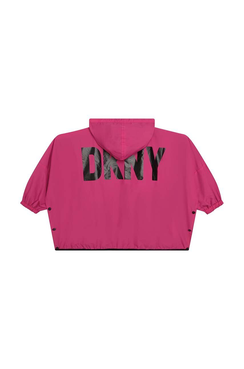 DKNY bluza cu două fețe copii culoarea negru cu glugă cu imprimeu - Pled.ro