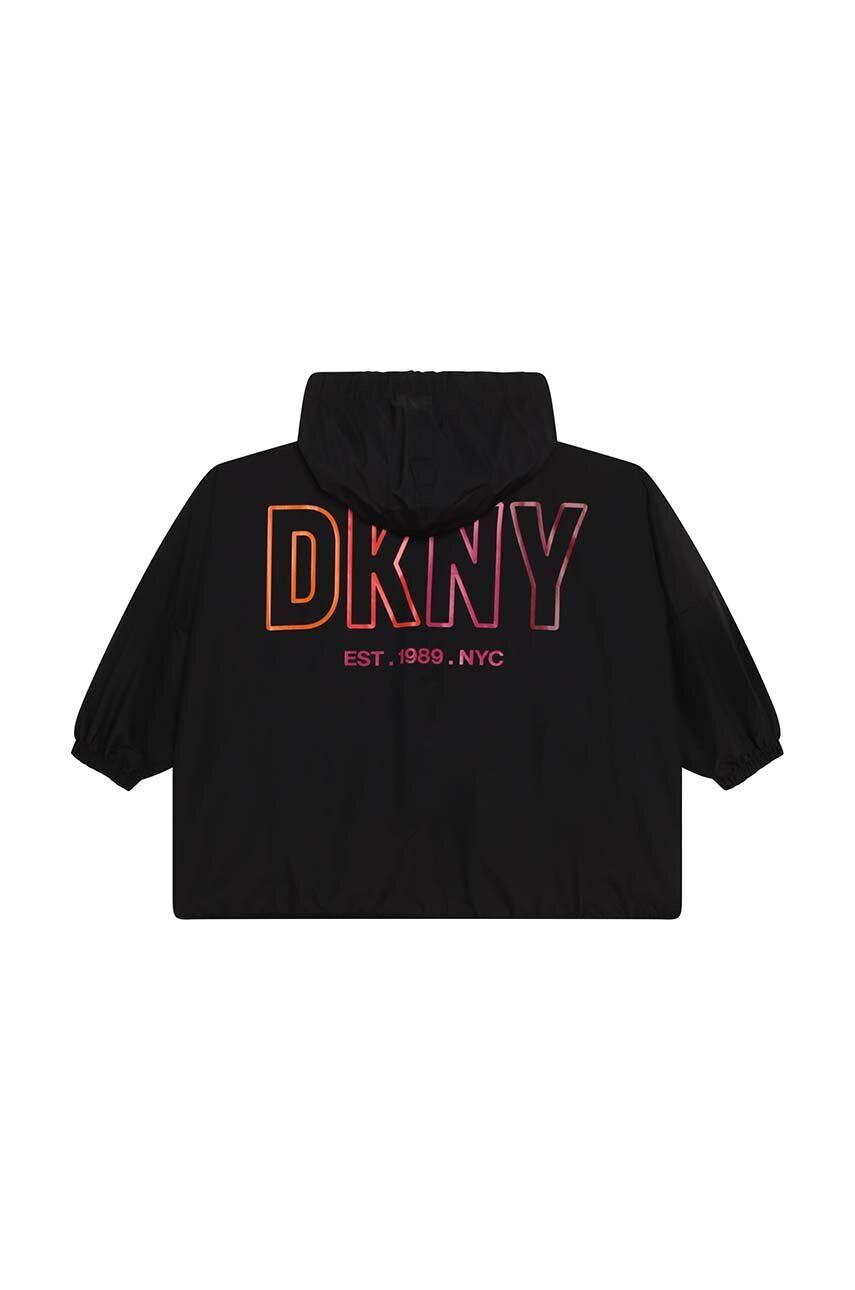 DKNY bluza cu două fețe copii culoarea negru cu glugă cu imprimeu - Pled.ro