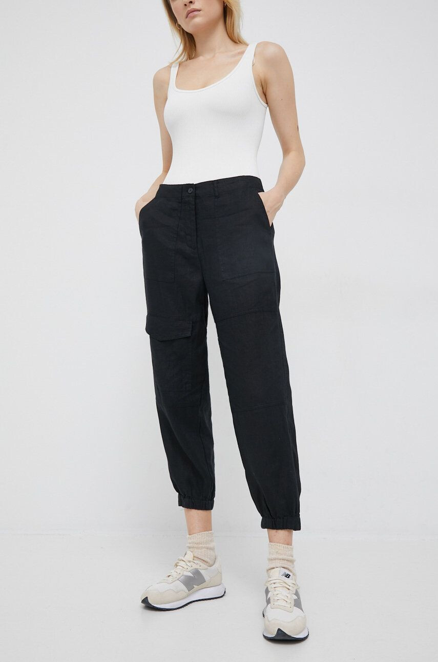 DKNY pantaloni din in femei culoarea negru high waist - Pled.ro