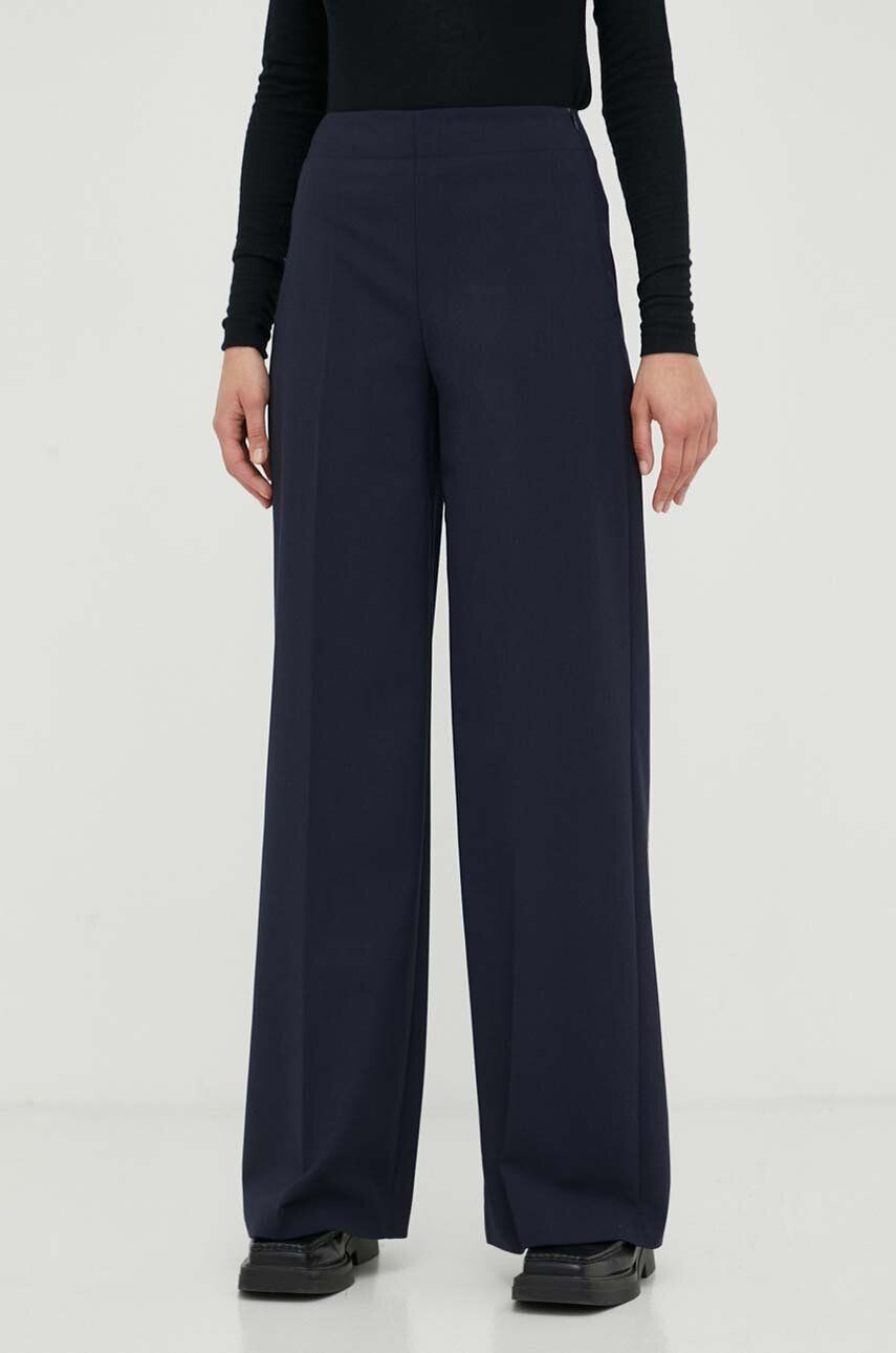 Drykorn pantaloni din lana culoarea albastru marin lat high waist - Pled.ro