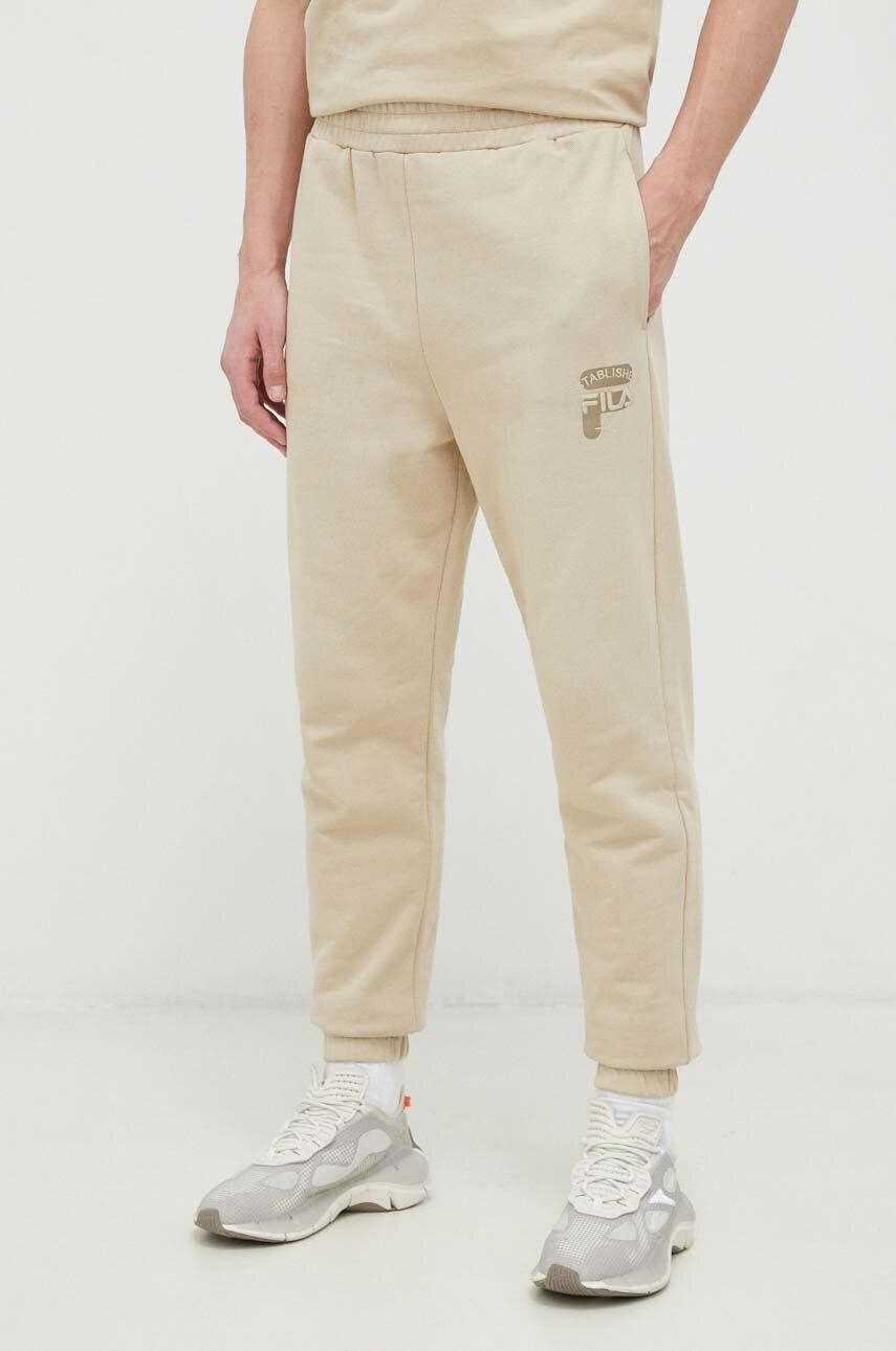 Fila pantaloni de trening din bumbac culoarea bej neted - Pled.ro