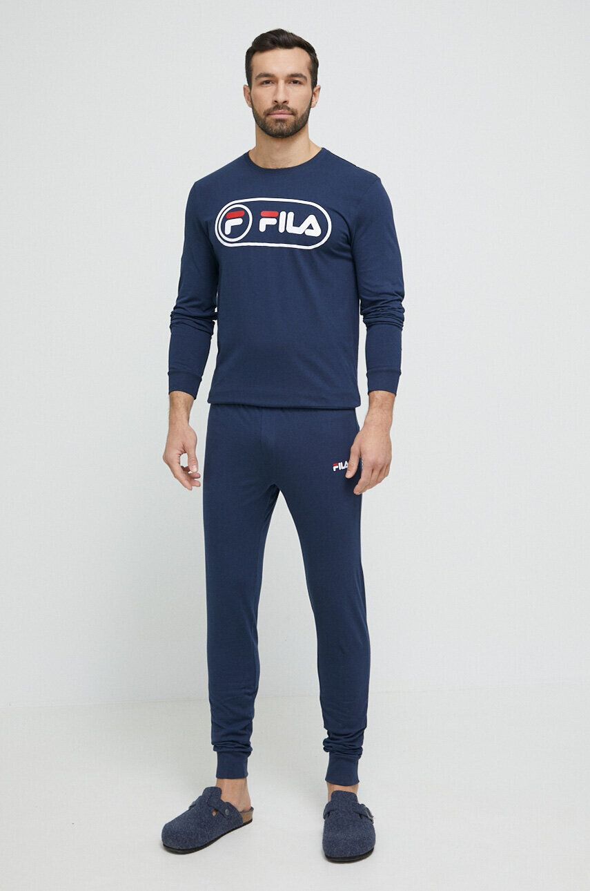 Fila pijamale de bumbac culoarea albastru marin cu imprimeu - Pled.ro