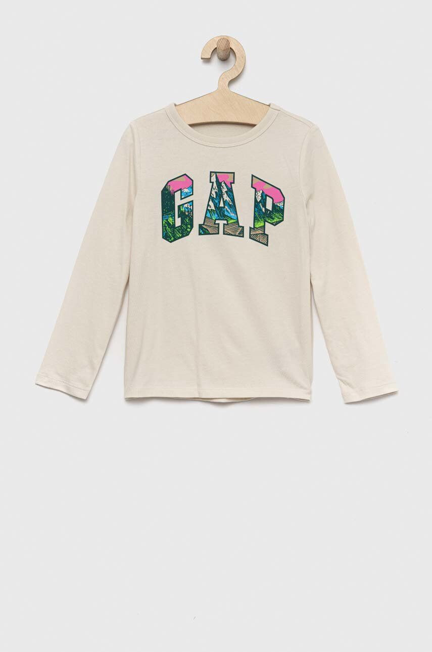 Gap longsleeve din bumbac pentru copii culoarea bej cu imprimeu - Pled.ro