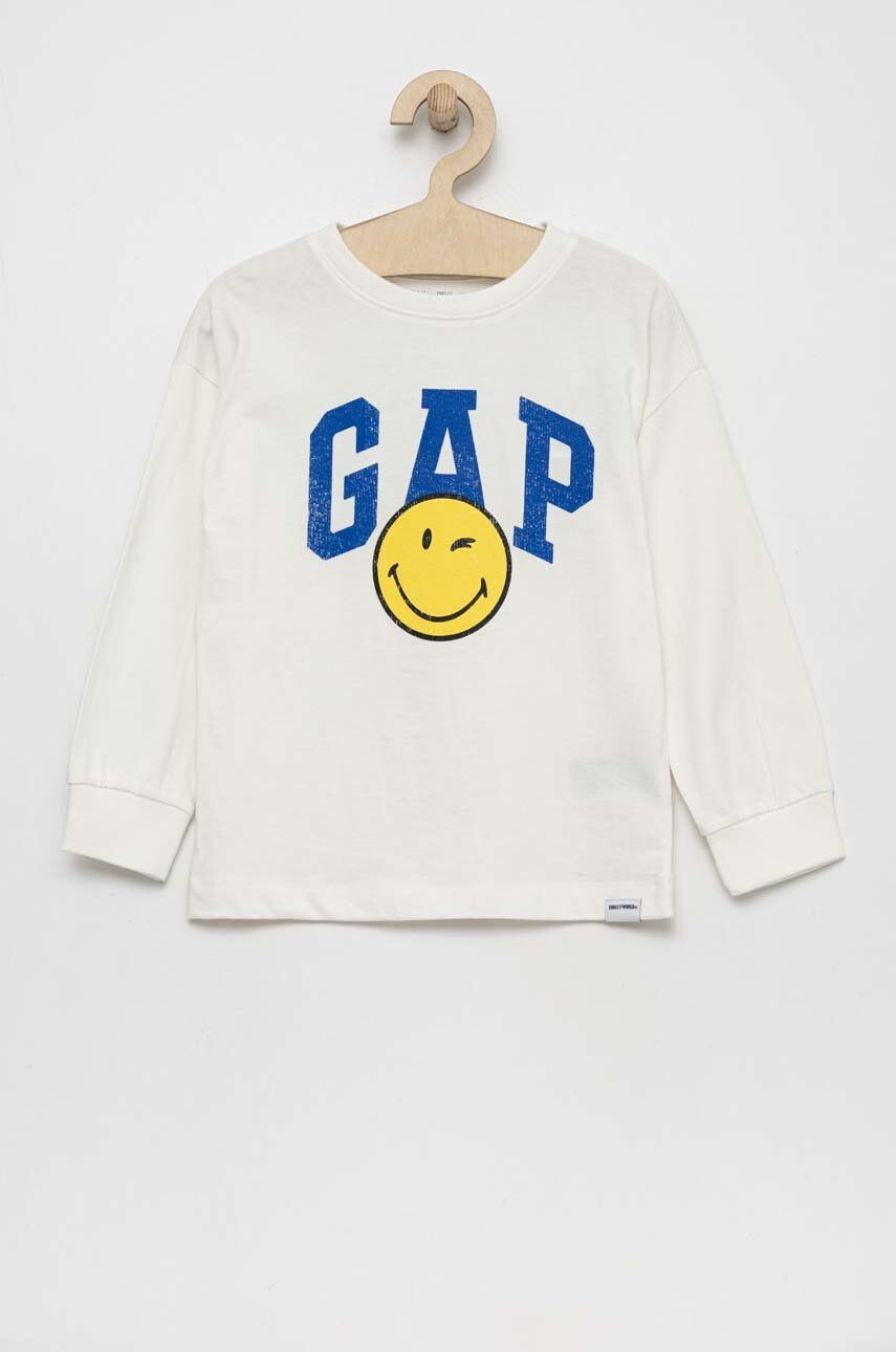 Gap longsleeve din bumbac pentru copii x smiley world culoarea alb cu imprimeu - Pled.ro