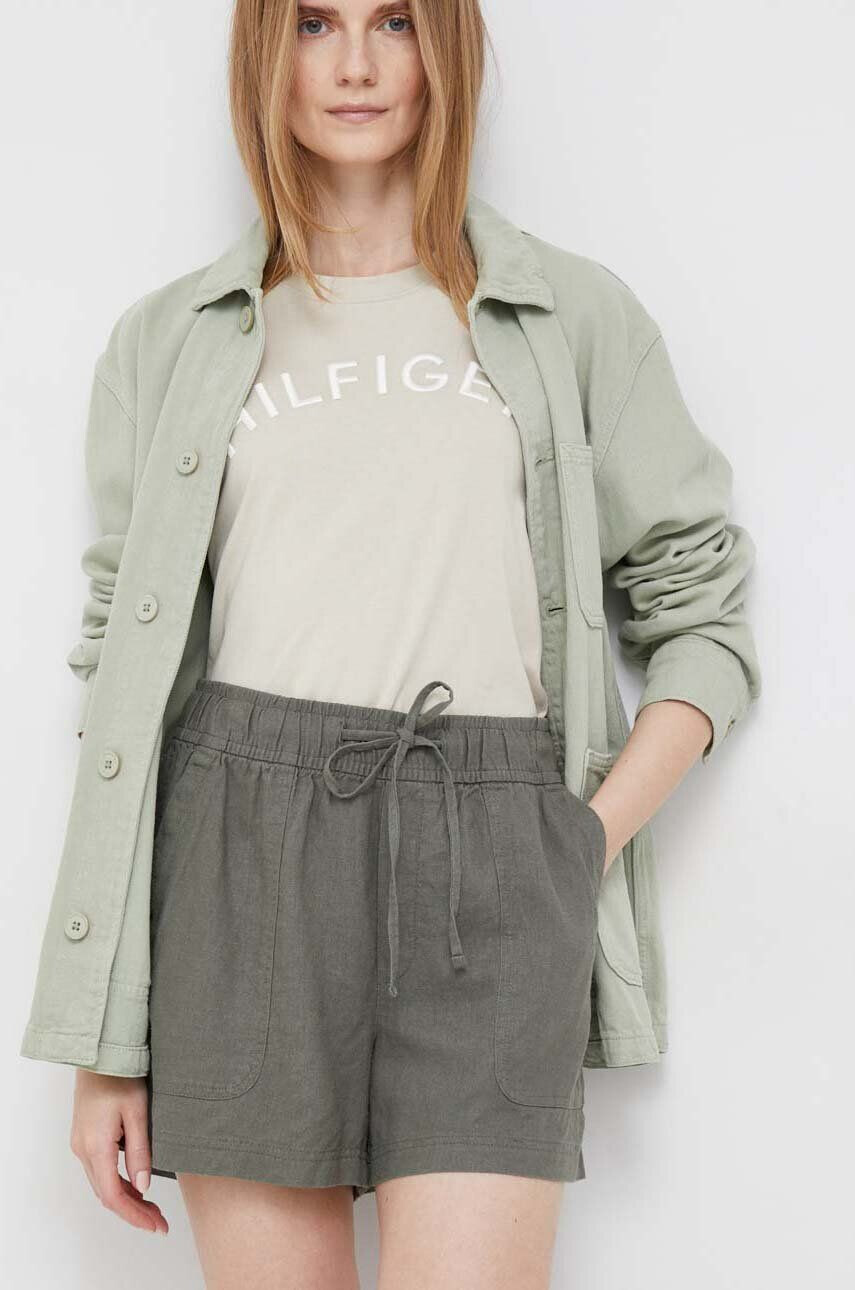 Gap pantaloni scurti din in culoarea verde neted high waist - Pled.ro