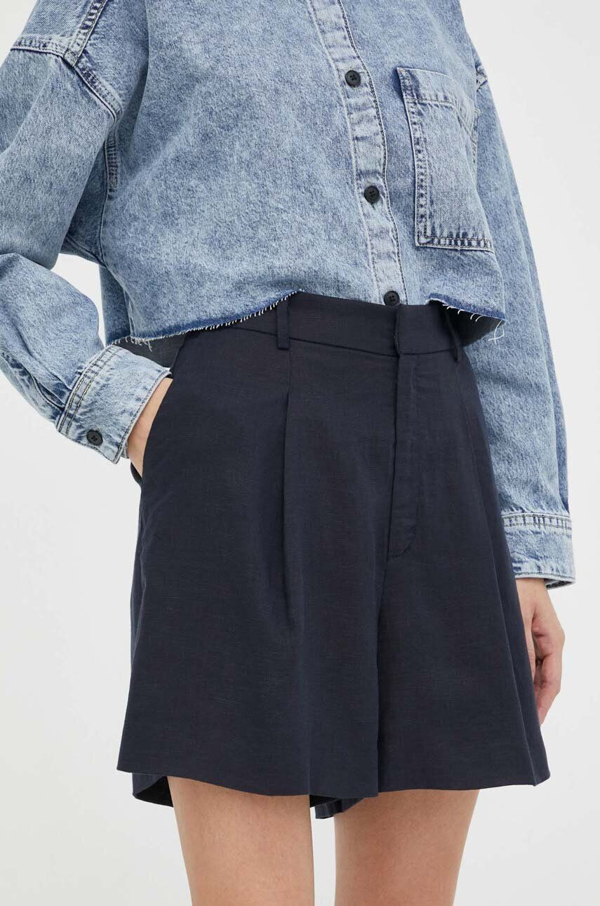 Gestuz pantaloni scurți din amestec de in culoarea albastru marin neted high waist - Pled.ro