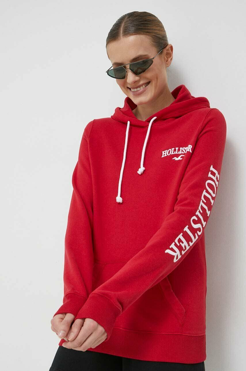 Hollister Co. bluza femei culoarea rosu cu glugă cu imprimeu - Pled.ro