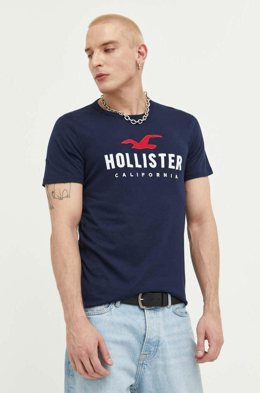 Hollister Co. tricou din bumbac culoarea albastru marin cu imprimeu - Pled.ro