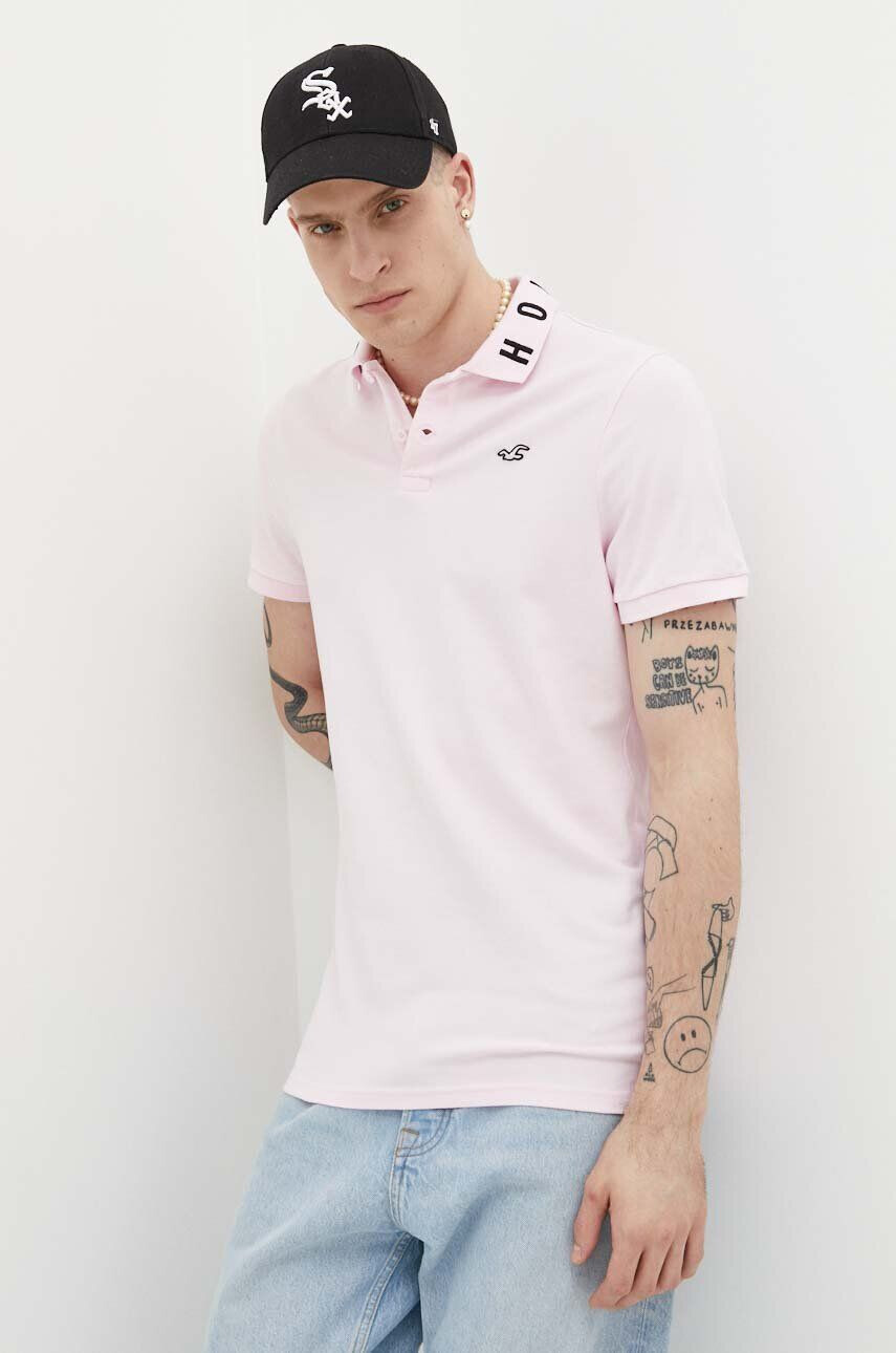 Hollister Co. tricou polo barbati culoarea roz cu imprimeu - Pled.ro