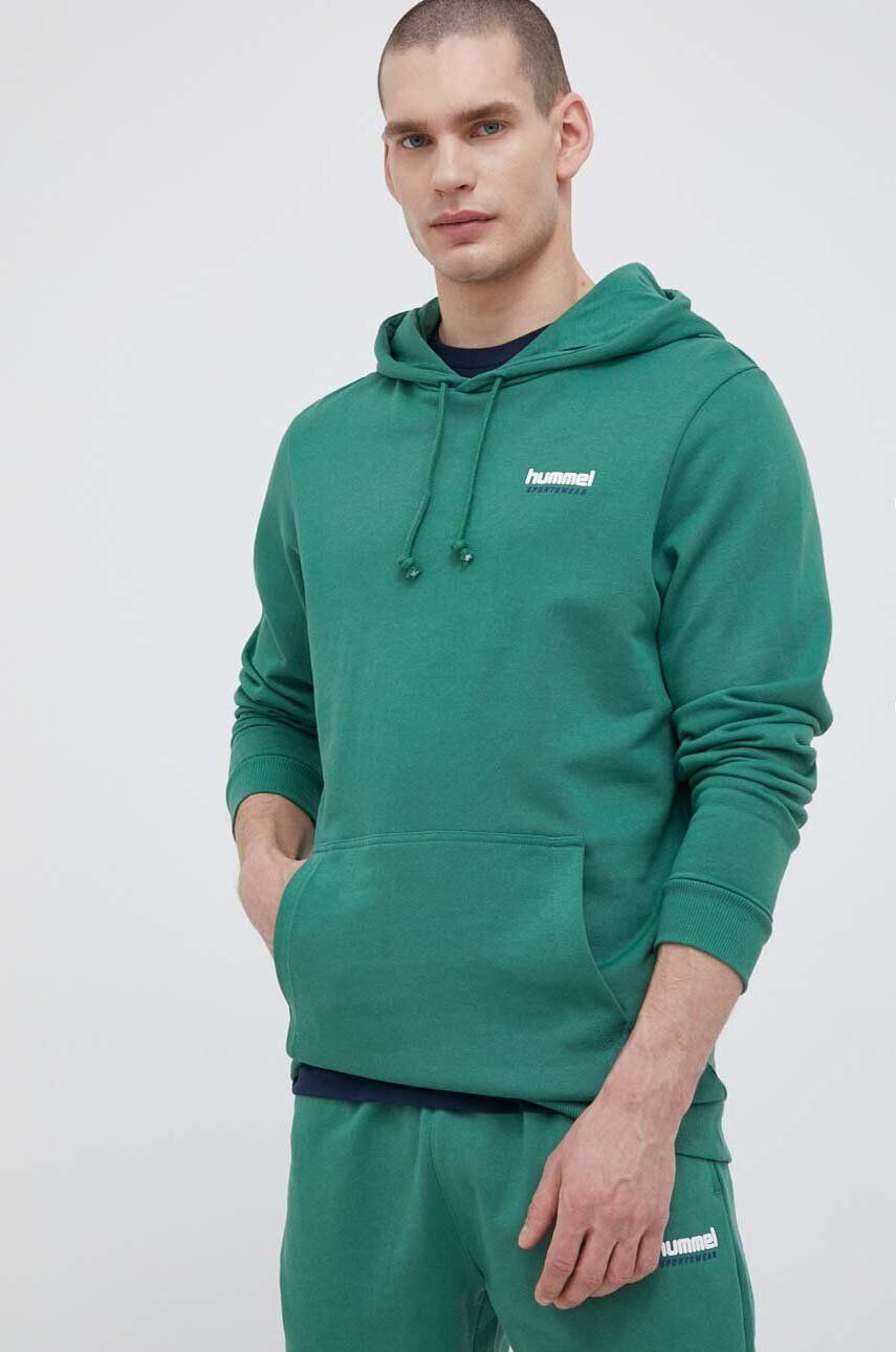 Hummel hanorac de bumbac barbati culoarea verde cu glugă cu imprimeu - Pled.ro