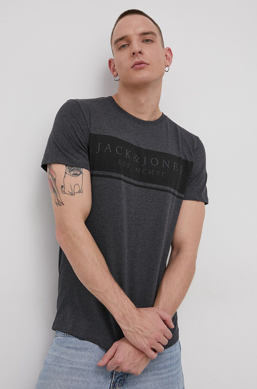 Jack & Jones tricou din bumbac culoarea gri cu imprimeu - Pled.ro