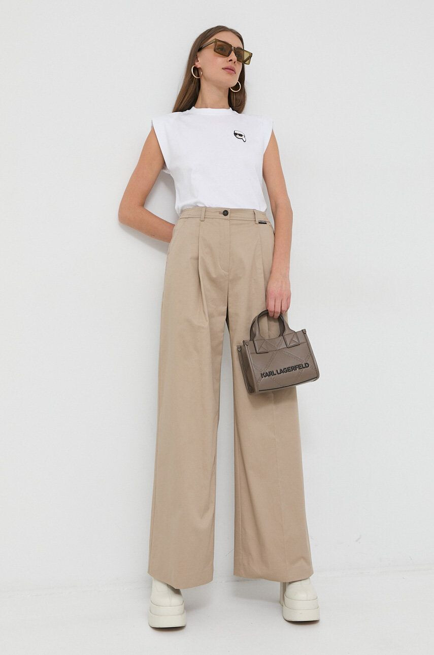 Karl Lagerfeld pantaloni femei culoarea bej lat high waist - Pled.ro