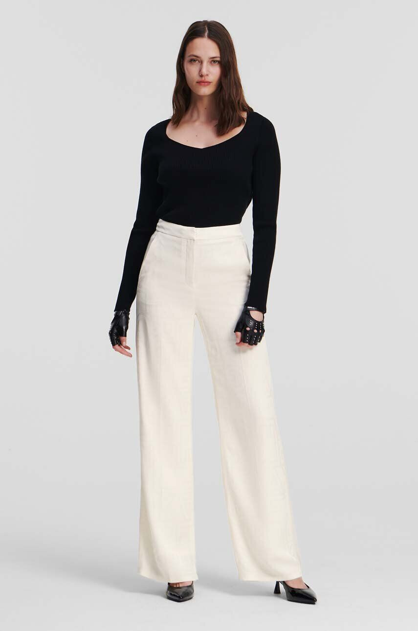 Karl Lagerfeld pantaloni femei culoarea bej lat high waist - Pled.ro