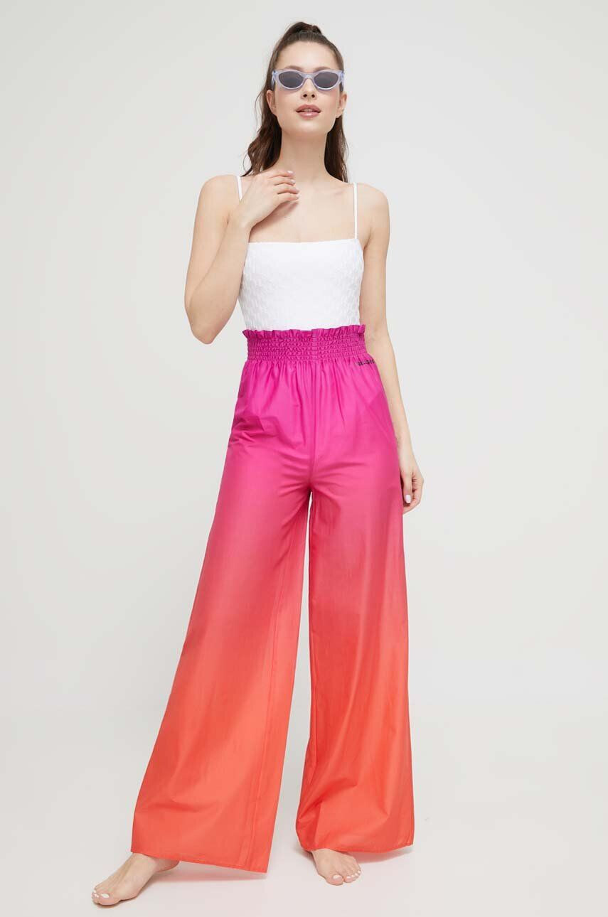 Karl Lagerfeld pantaloni de bumbac culoarea roz lat high waist - Pled.ro