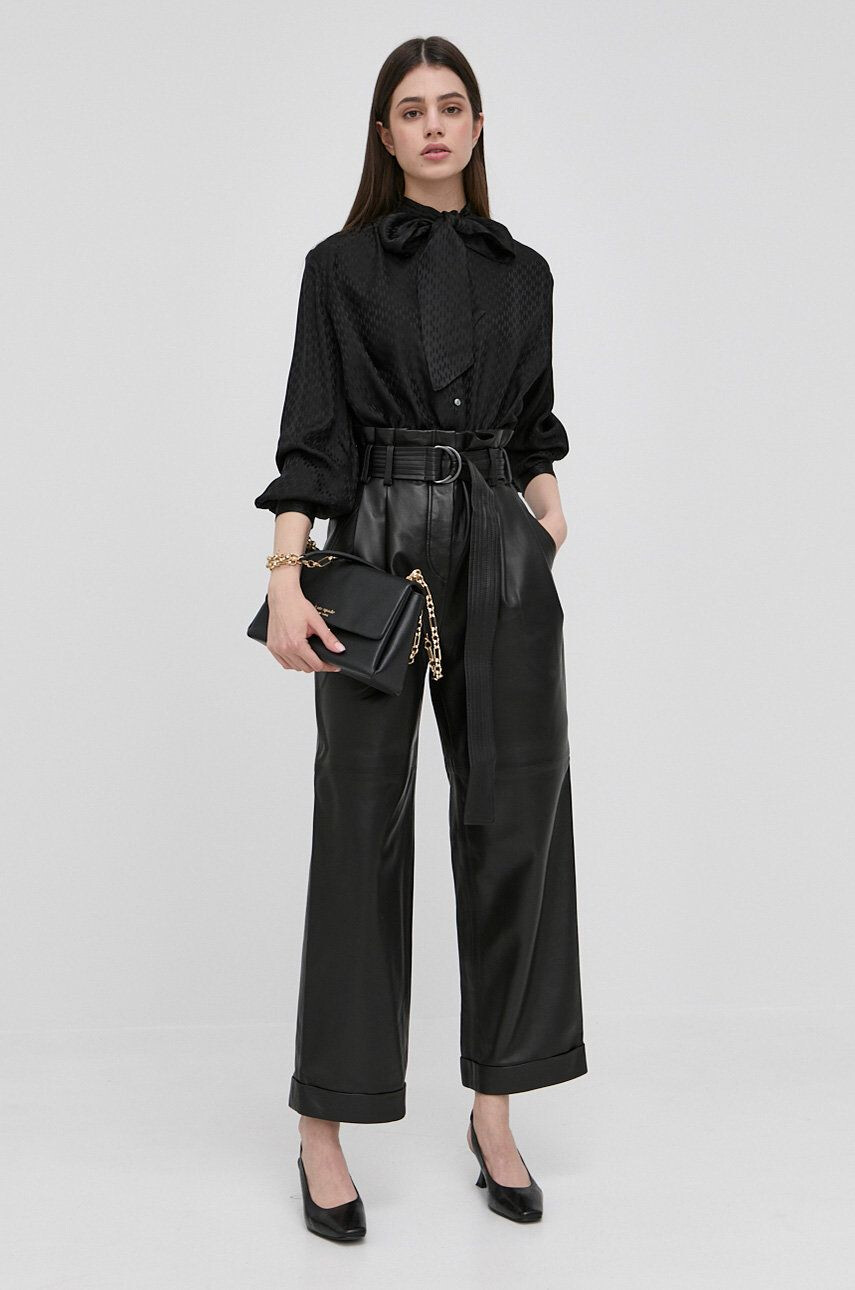 Karl Lagerfeld pantaloni de piele femei culoarea negru lat high waist - Pled.ro