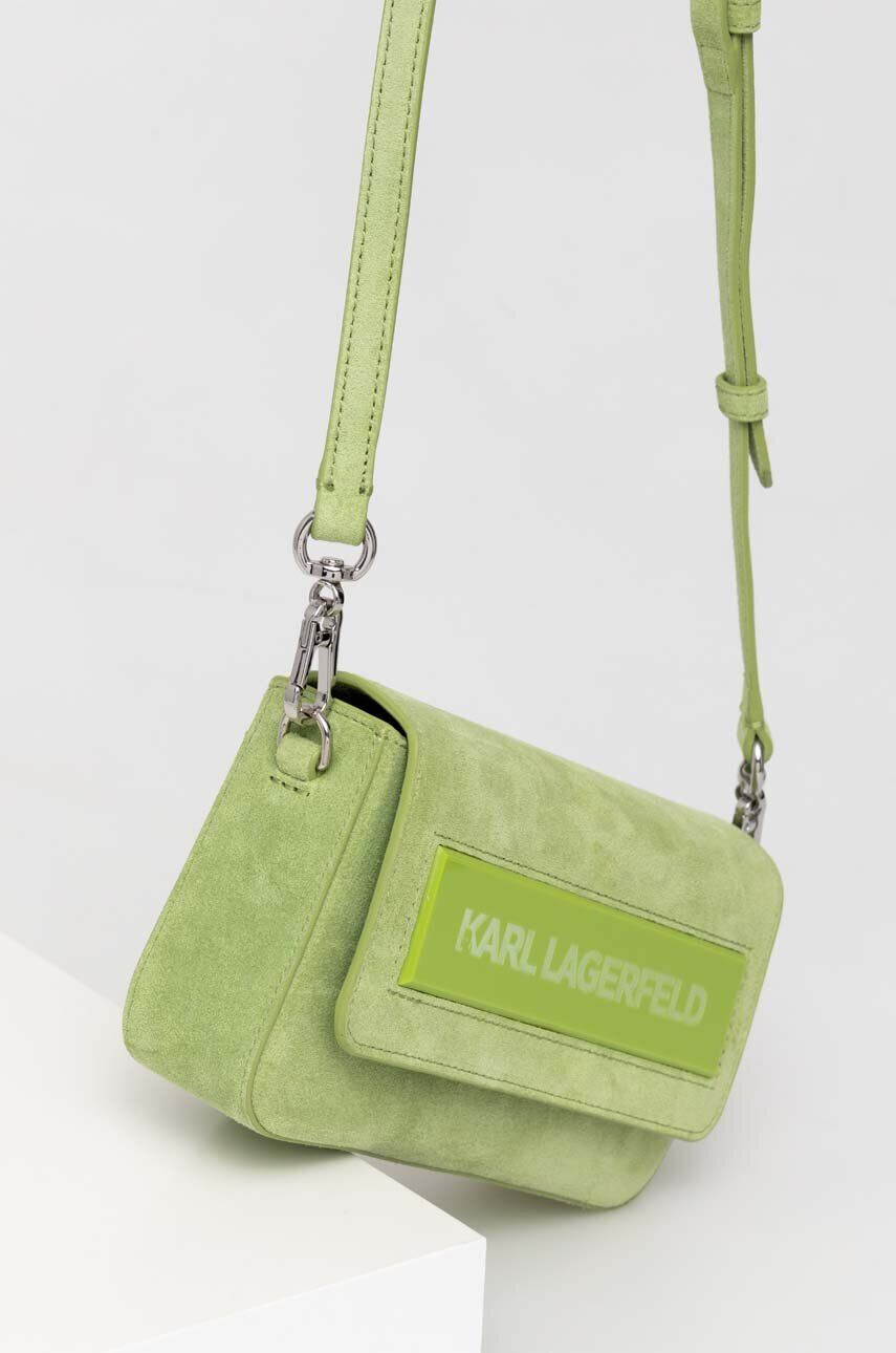 Karl Lagerfeld poseta de piele ICON K SM FLAP SHB SUEDE culoarea verde - Pled.ro