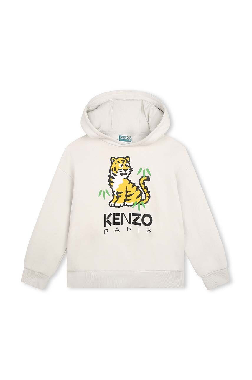 Kenzo kids hanorac de bumbac pentru copii culoarea bej cu glugă cu imprimeu - Pled.ro