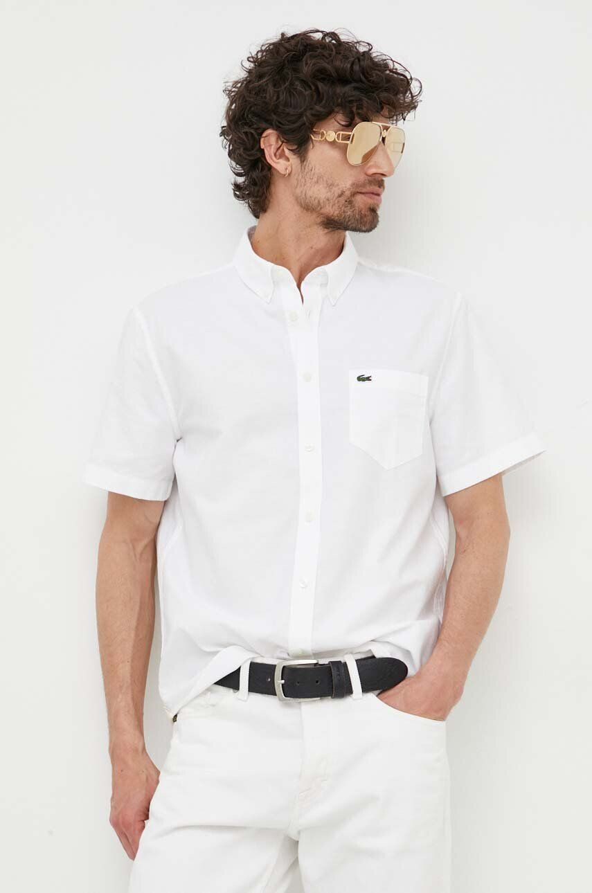 Lacoste camasa din bumbac barbati culoarea alb cu guler button-down regular - Pled.ro