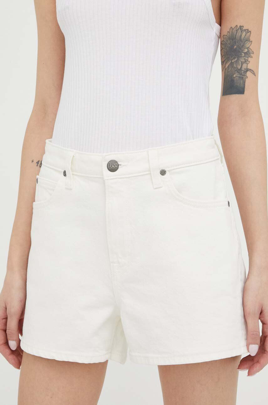 Lee pantaloni scurti jeans femei culoarea bej neted high waist - Pled.ro