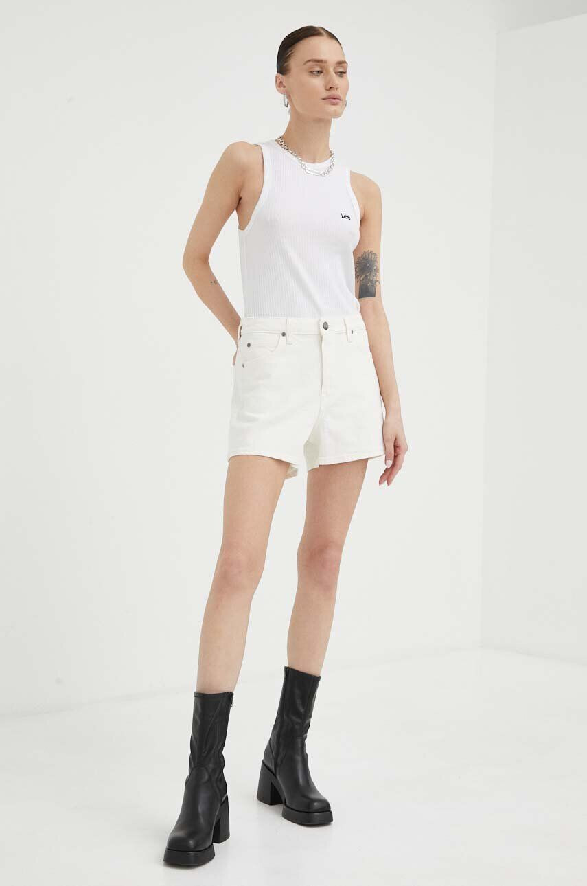 Lee pantaloni scurti jeans femei culoarea bej neted high waist - Pled.ro