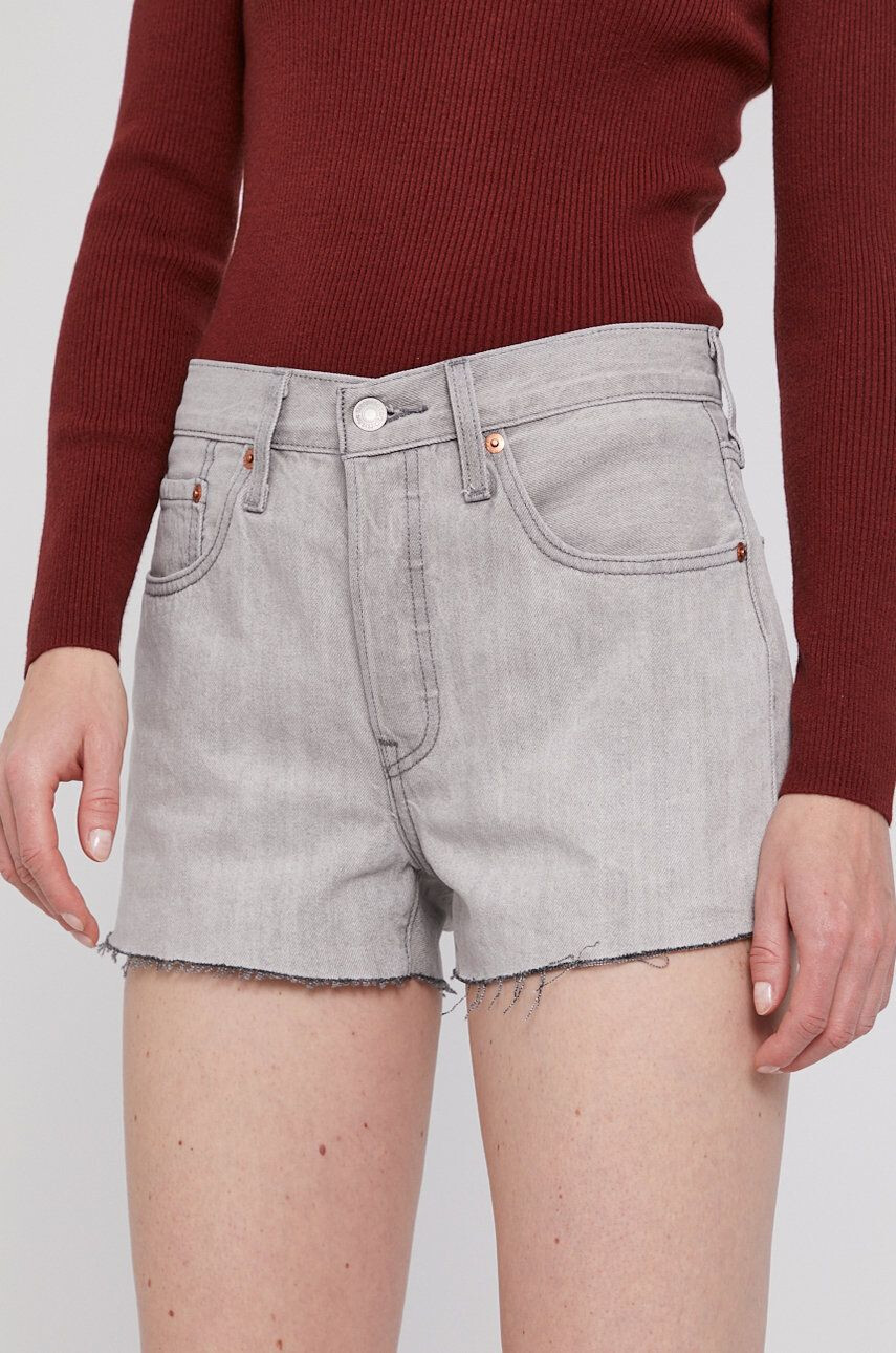 Levi's Pantaloni scurți jeans femei culoarea gri material neted high waist - Pled.ro