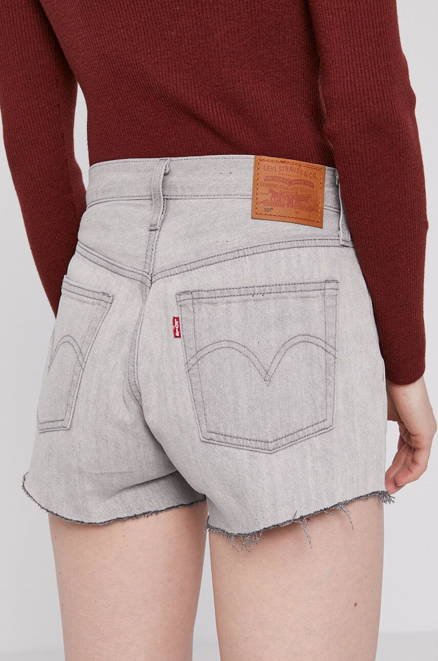 Levi's Pantaloni scurți jeans femei culoarea gri material neted high waist - Pled.ro