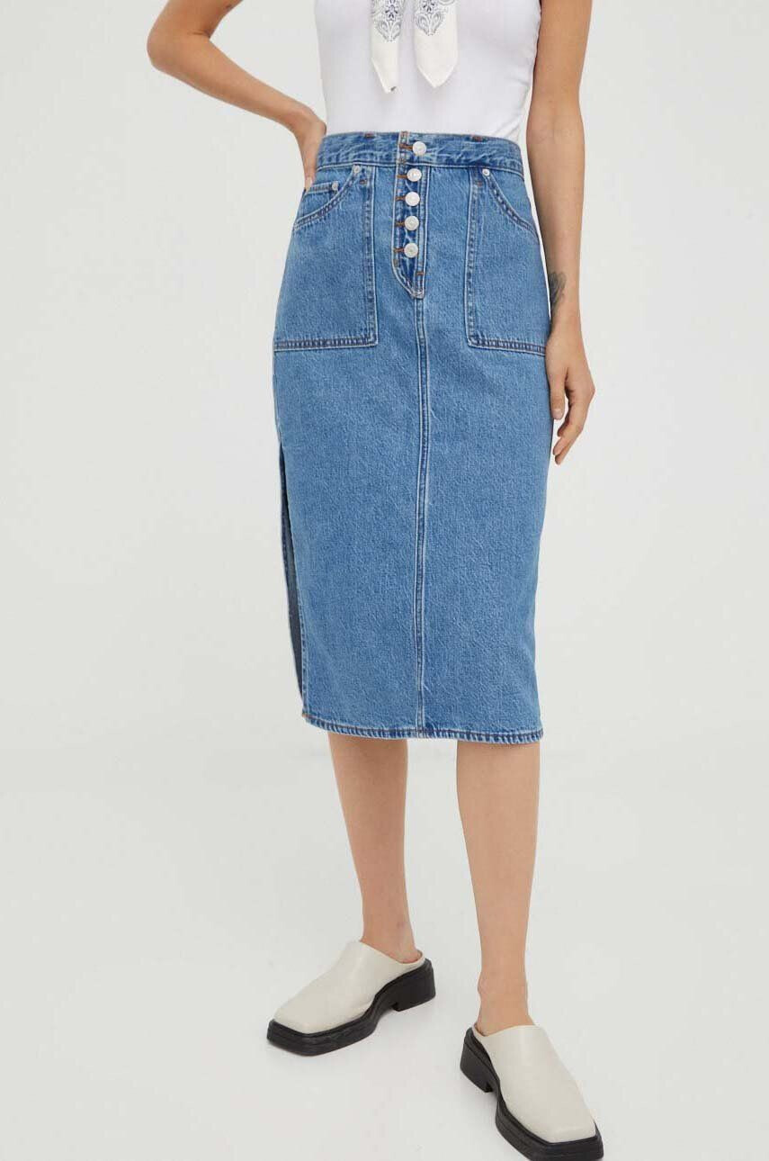 Levi's fusta cu doua fete culoarea albastru marin midi drept - Pled.ro