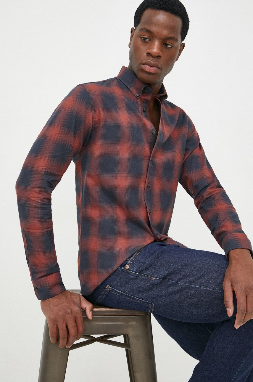 Lindbergh camasa din bumbac barbati culoarea bordo cu guler button-down relaxed - Pled.ro