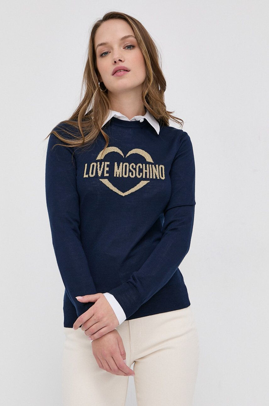 Love Moschino Pulover de lână femei culoarea albastru marin light - Pled.ro