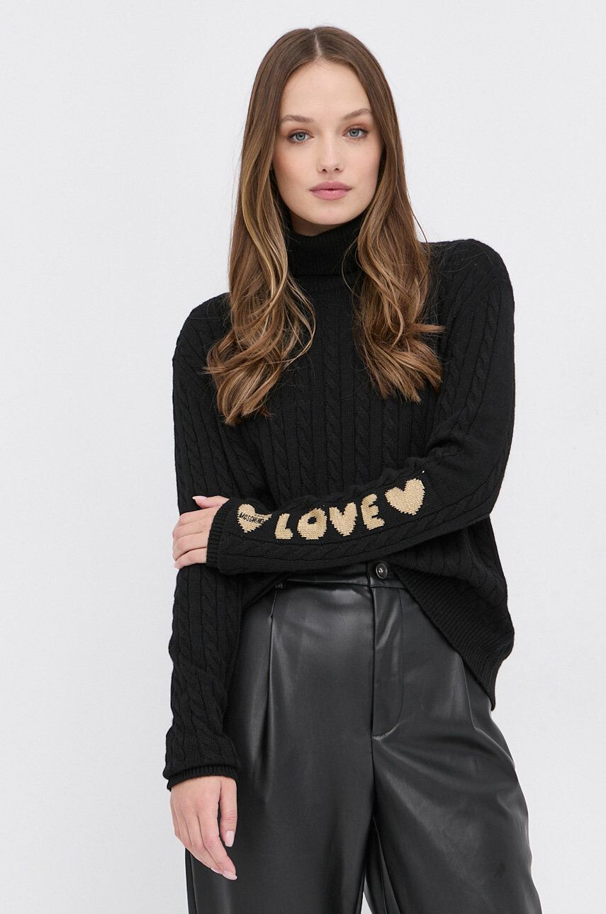 Love Moschino Pulover din amestec de lână femei culoarea negru cu guler - Pled.ro