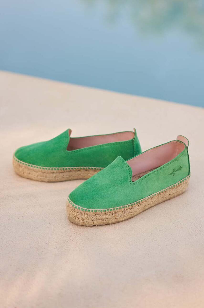 Manebi espadrile din piele intoarsa Double Sole Espadrilles culoarea verde cu platforma R 3.5 D0 - Pled.ro