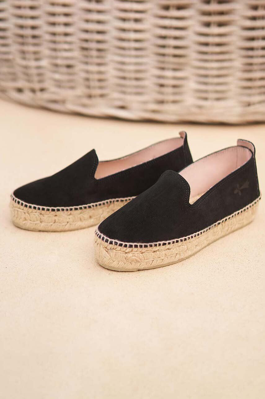 Manebi espadrile din piele intoarsa Double Sole Espadrilles culoarea negru cu platforma K 1.0 D0 - Pled.ro