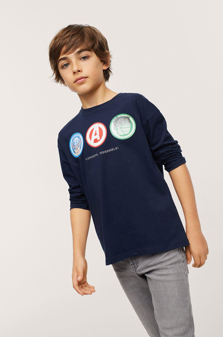 Mango Kids Longsleeve din bumbac pentru copii Icons culoarea albastru marin cu imprimeu - Pled.ro