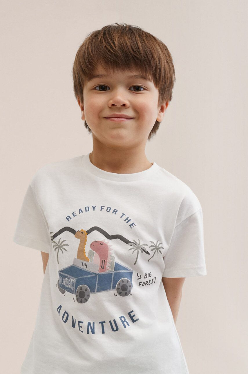 Mango Kids tricou de bumbac pentru copii Coche culoarea alb cu imprimeu - Pled.ro