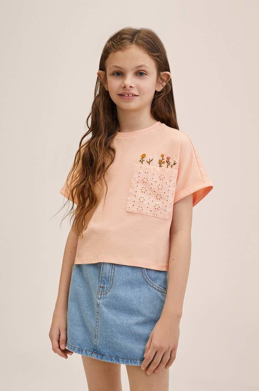 Mango Kids tricou de bumbac pentru copii Garden culoarea portocaliu - Pled.ro