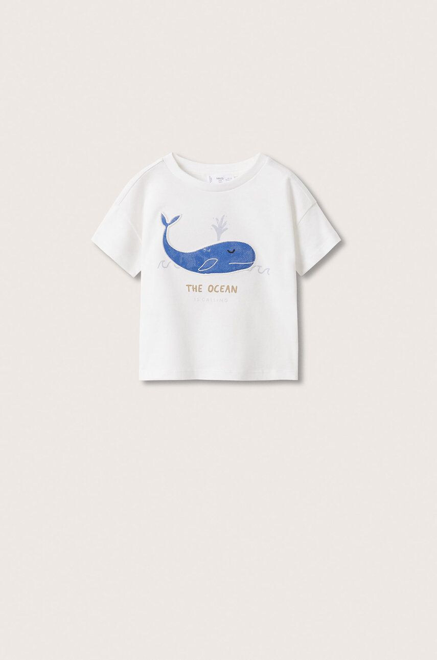 Mango Kids tricou de bumbac pentru copii Whale culoarea alb cu imprimeu - Pled.ro