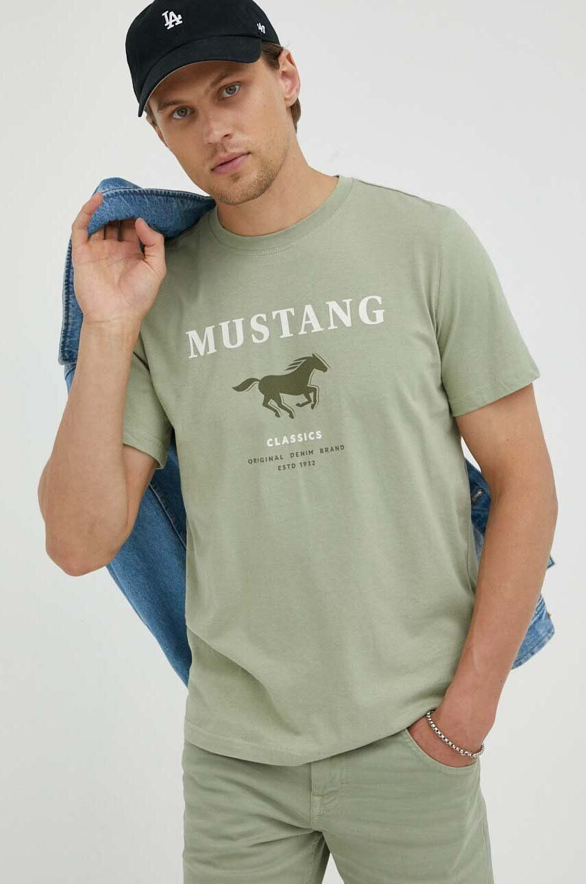 Mustang tricou din bumbac culoarea verde cu imprimeu - Pled.ro