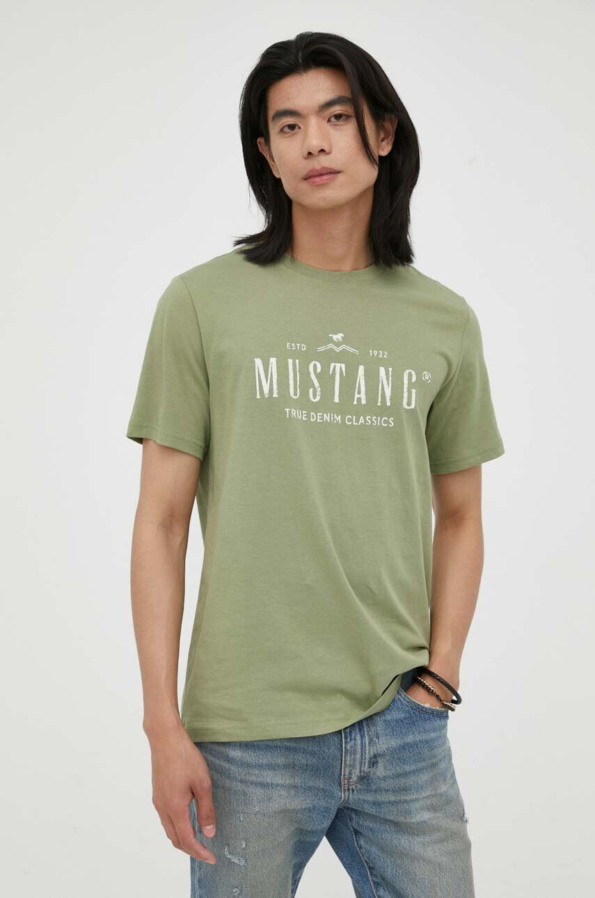 Mustang tricou din bumbac culoarea verde cu imprimeu - Pled.ro