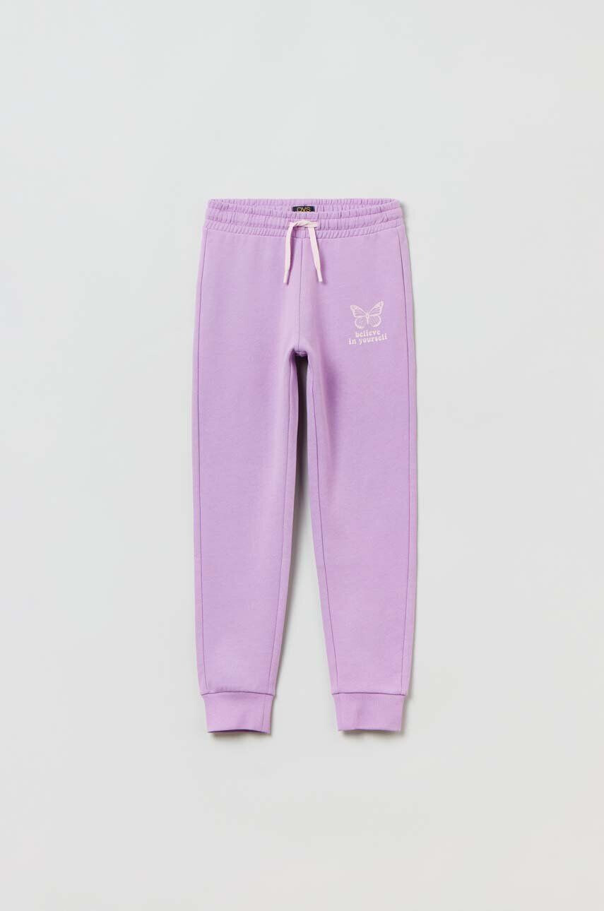 OVS pantaloni de trening din bumbac pentru copii culoarea violet cu imprimeu - Pled.ro