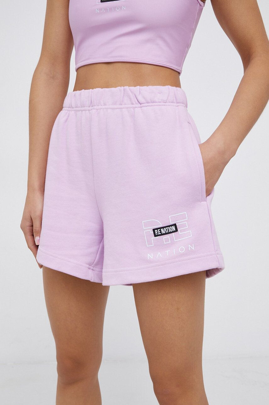 P.E Nation Pantaloni scurți din bumbac femei culoarea violet material neted high waist - Pled.ro