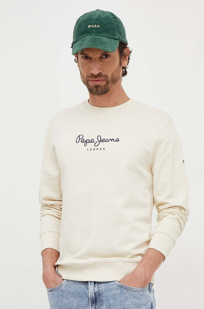 Pepe Jeans hanorac de bumbac barbati culoarea bej cu imprimeu - Pled.ro