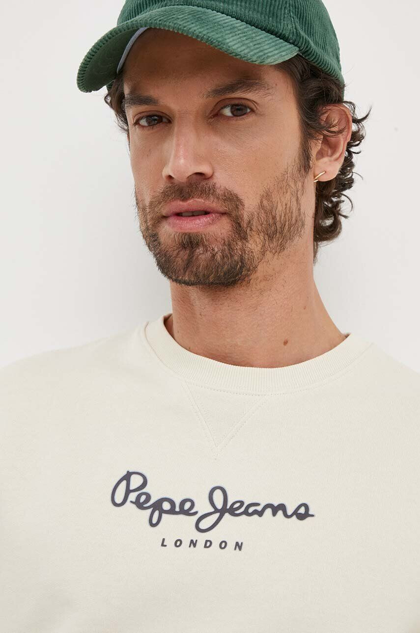 Pepe Jeans hanorac de bumbac barbati culoarea bej cu imprimeu - Pled.ro