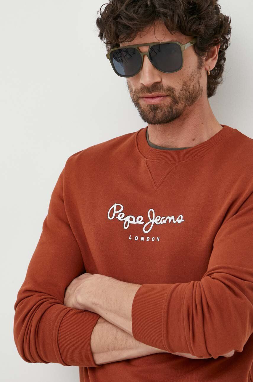 Pepe Jeans hanorac de bumbac barbati culoarea maro cu imprimeu - Pled.ro