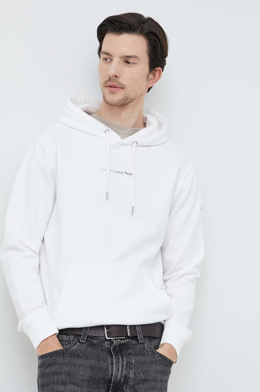 Pepe Jeans hanorac de bumbac David Hoodie barbati culoarea alb cu glugă neted - Pled.ro