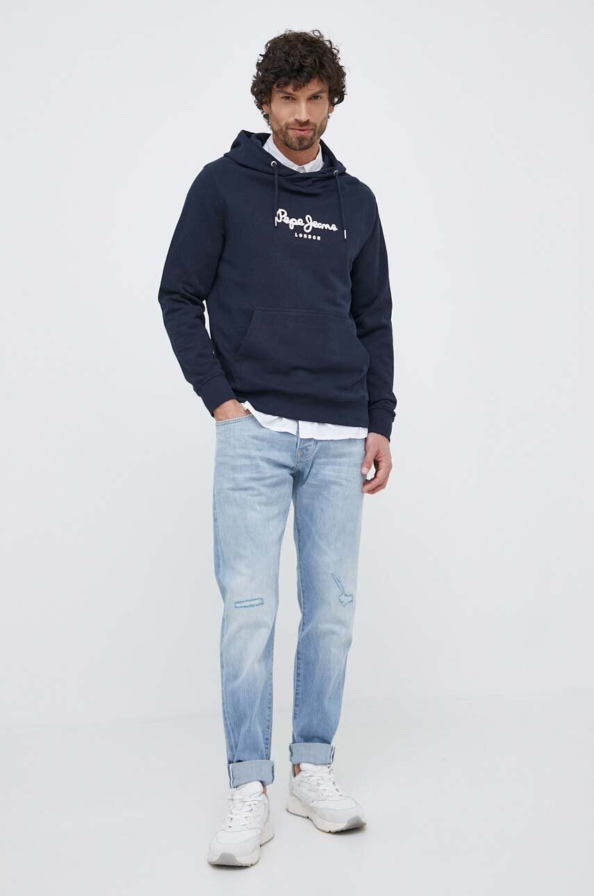 Pepe Jeans hanorac de bumbac Edward Hoodie barbati culoarea albastru marin cu glugă cu imprimeu - Pled.ro