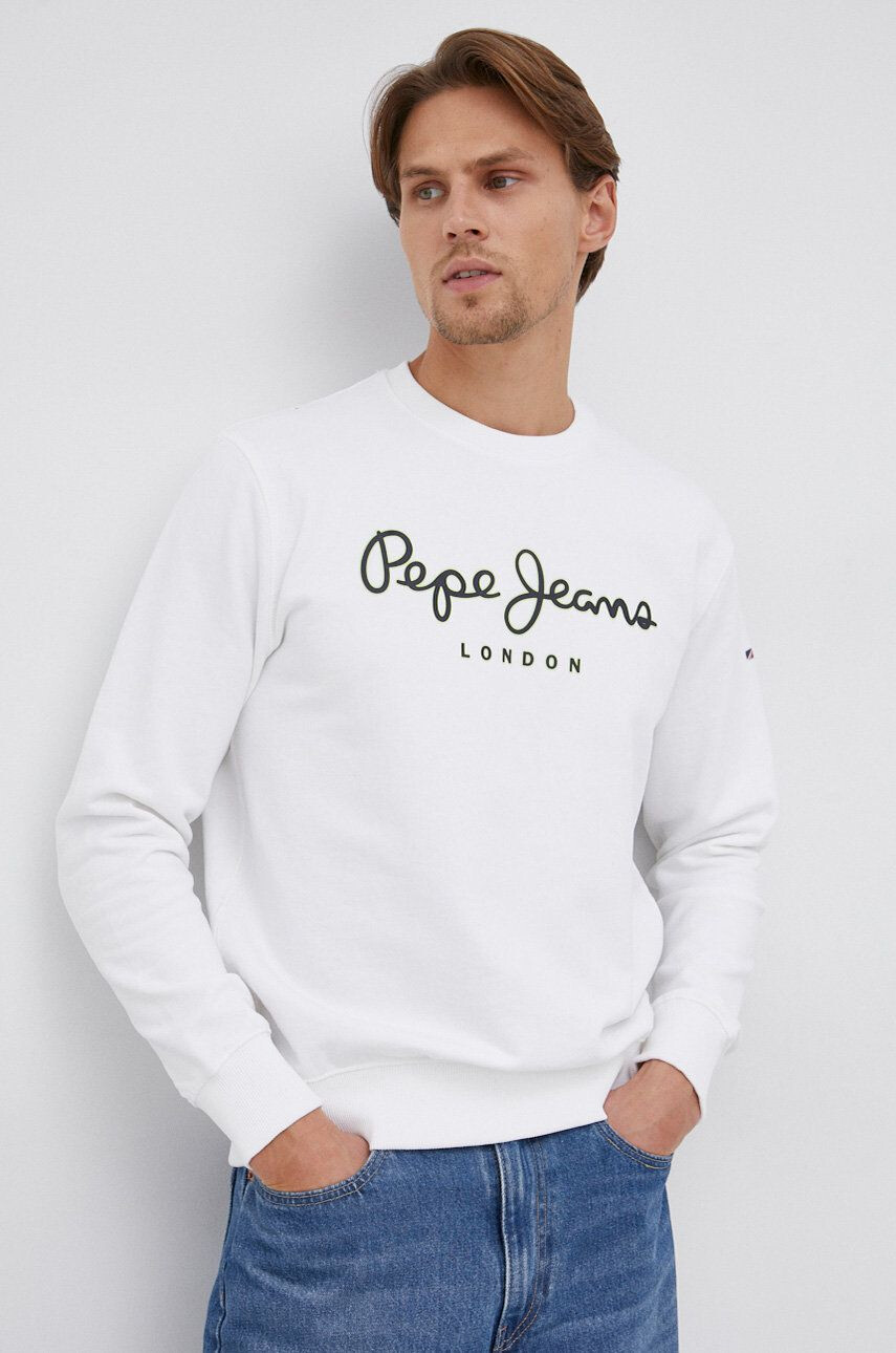 Pepe Jeans Hanorac de bumbac George Crew bărbați culoarea alb cu imprimeu - Pled.ro