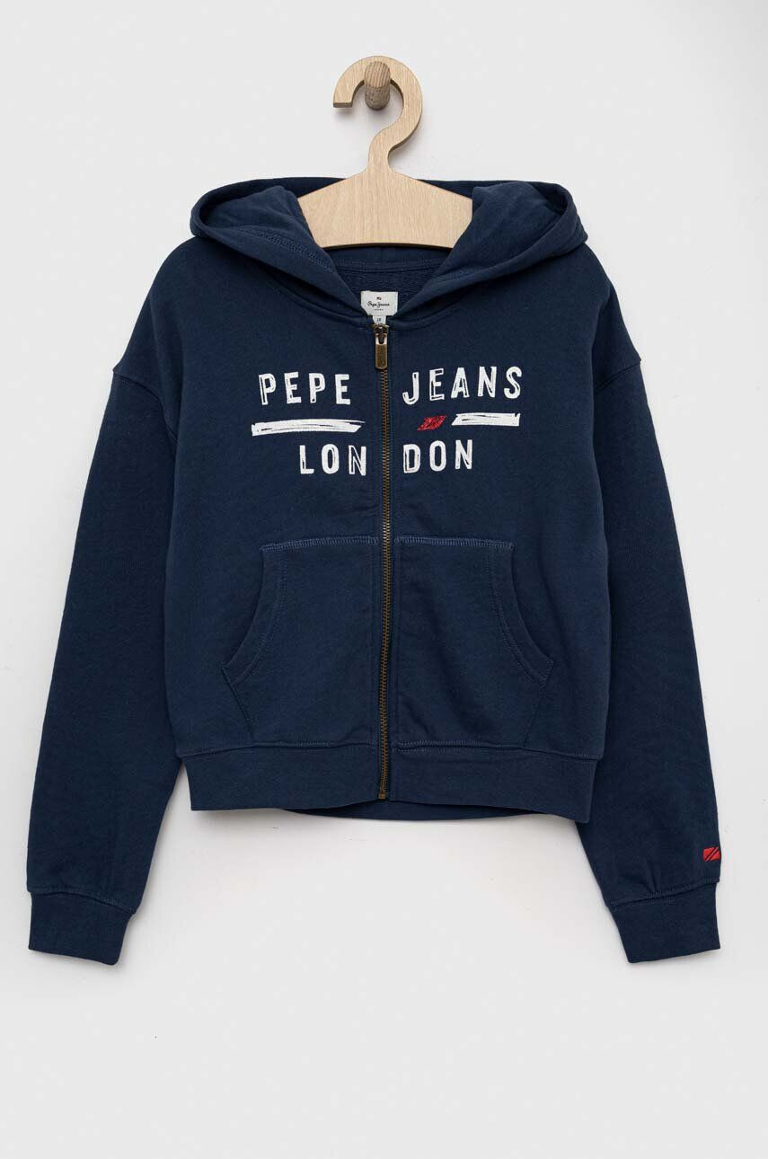 Pepe Jeans hanorac de bumbac pentru copii culoarea albastru marin cu glugă cu imprimeu - Pled.ro