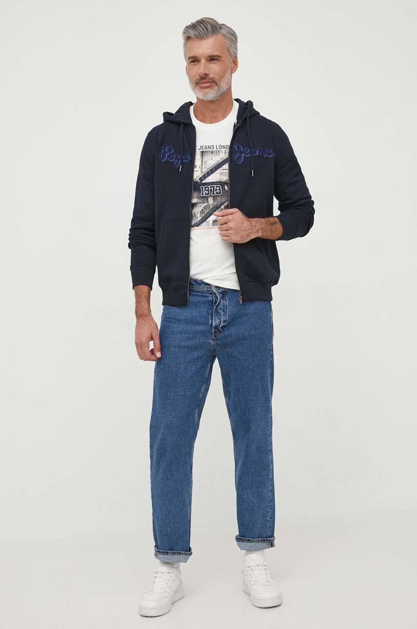 Pepe Jeans hanorac de bumbac RYAN barbati culoarea albastru marin cu glugă cu imprimeu - Pled.ro